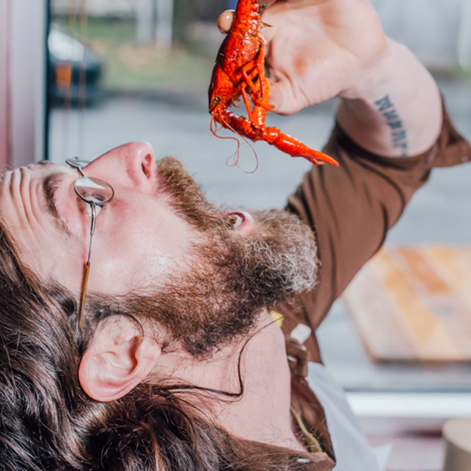 A man with a beard and glasses holds a red crawfish above his open mouth.
